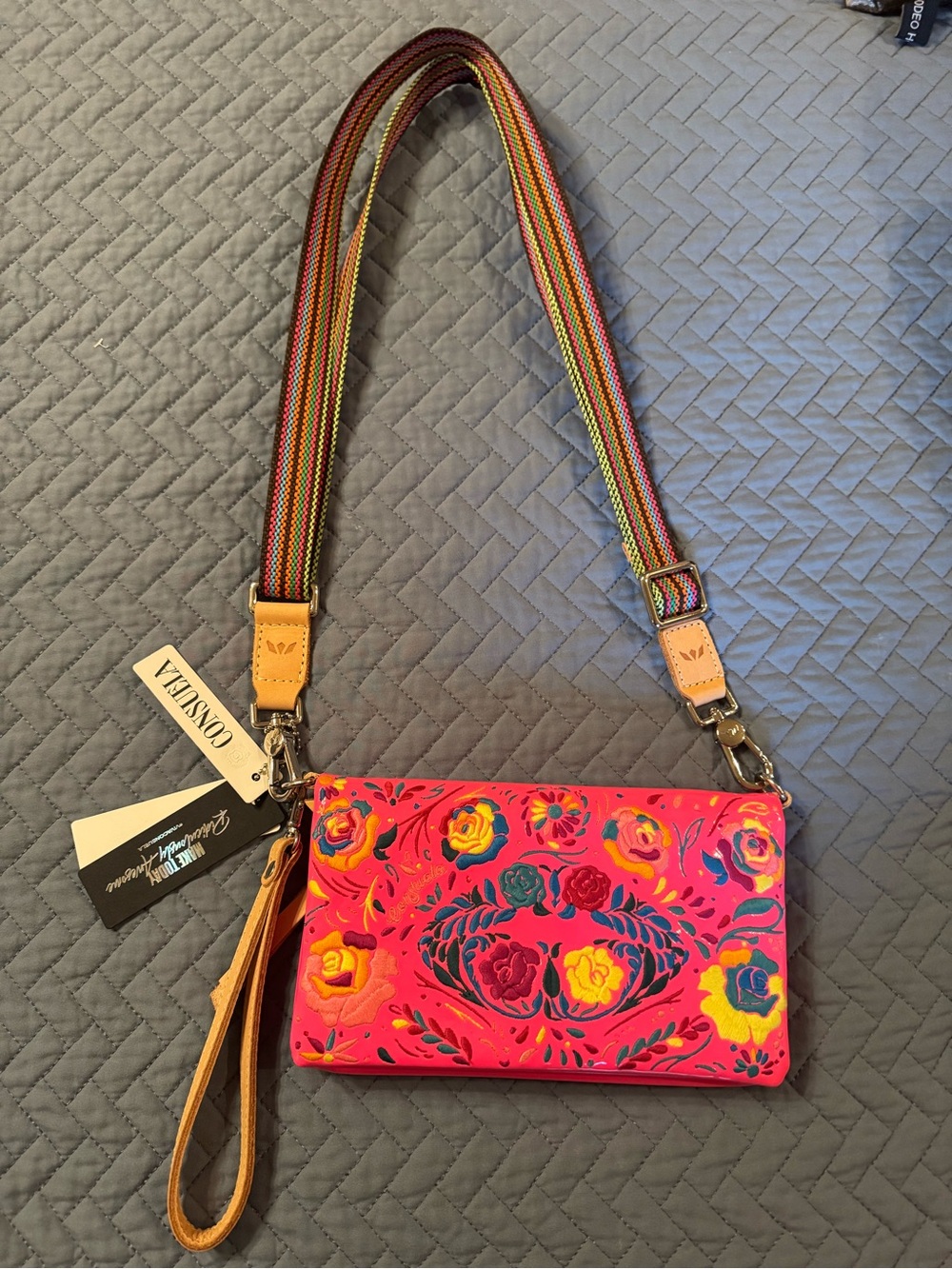 Consuela Uptown XO Hot Pink Floral Crossbody with Striped Adjustable Strap